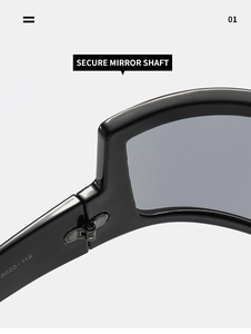 Detail shot of the reinforced metal hinge and printed specs on Y2K cyberpunk sunglasses