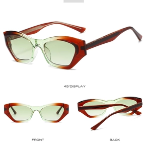 Three-angle view of two-tone geometric cat-eye sunglasses with gradient frames
