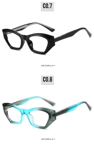 Detailed 45-degree view of geometric cat-eye glasses in black and gradient blue-green colors
