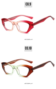 Close-up view of dual-color gradient cat-eye frame glasses in red and green tones