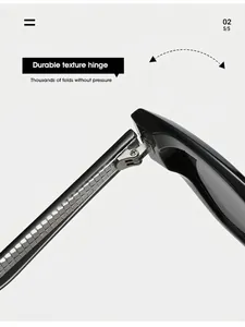 Macro detail of high-gloss black eyewear hinge with silver metal textured pattern