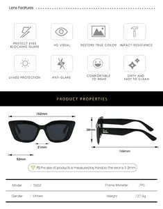 Guide des tailles détaillé pour lunettes de soleil œil de chat 5652 avec mesures
