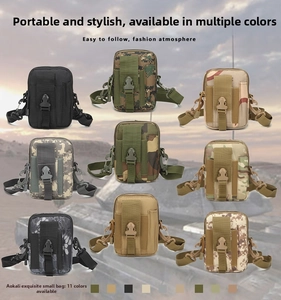 Tactical waist pouch display featuring various camo patterns and durable MOLLE webbing system
