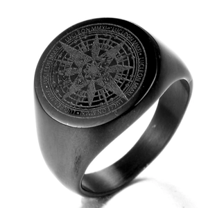Macro shot of matte black compass signet ring with fine brushed metal texture detail