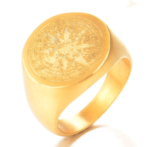 Detailed top view of gold stainless steel compass signet ring with brushed metal texture