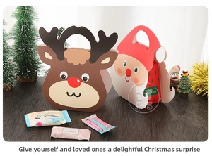 Christmas gift bags with Santa and Reindeer designs on a festive wood background