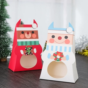 Christmas gift boxes with cartoon bear and snowman designs featuring transparent windows