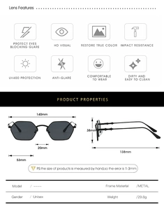 Detailed size specifications of black polygonal metal sunglasses for unisex wear