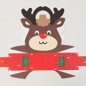 Christmas reindeer gift box with tree pattern and Merry Christmas handle in red and green