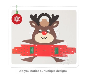Flat lay view of a Christmas reindeer paper gift box kit with Merry Christmas greeting tag