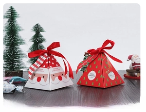 Christmas pyramid gift boxes featuring Santa Claus and red tree prints with silk ribbons