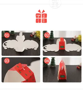 Four-step assembly guide for a red Merry Christmas DIY folding gift box on wooden desk