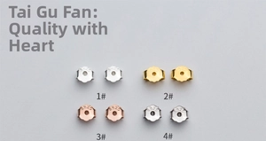Detailed view of S925 sterling silver butterfly earring backs in four metallic finishes