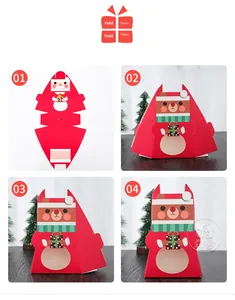 Four-step assembly guide for a festive red cartoon Christmas DIY folding gift box