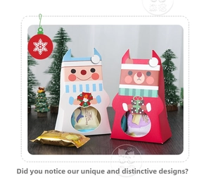 Christmas gift boxes with snowman and reindeer designs and round clear window details
