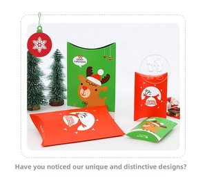 Macro detail of Christmas pillow gift boxes featuring cartoon reindeer and Santa designs