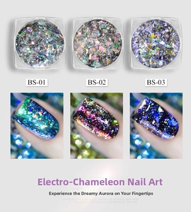 Three-color aurora chameleon nail glitters showing BS-01, BS-02, and BS-03 effect swatches