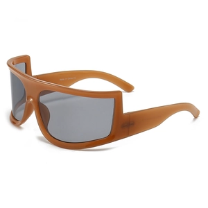 Y2K cyber-punk oversized sports sunglasses with caramel frames and dark grey lenses