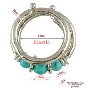 Detail of elastic turquoise bracelet with 55mm inner diameter and 19mm beads