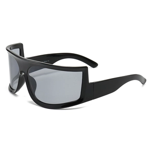 Cyberpunk Y2K visor sunglasses with large black frames and grey lenses for sports