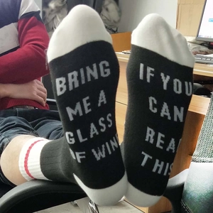 Funny cotton crew socks featuring 'If you can read this bring me a glass of wine' text
