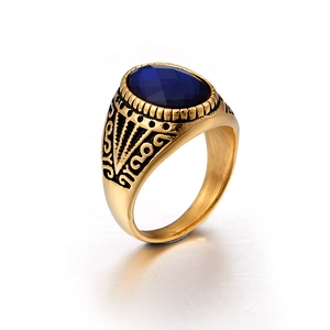 Men's vintage gold stainless steel ring with large oval blue gemstone and side engraving