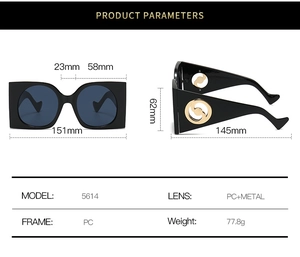 Detailed size specifications and gold logo detail of retro oversized black sunglasses