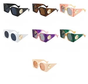 Collection of oversized square sunglasses featuring unique golden metal logo on the temple