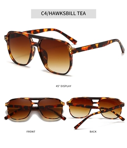 Detailed views of tortoiseshell square sunglasses with double-bridge and rivet accents