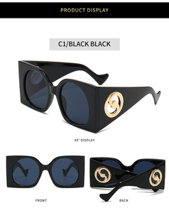 Multi-angle views of black square sunglasses with unique golden circular temple detail