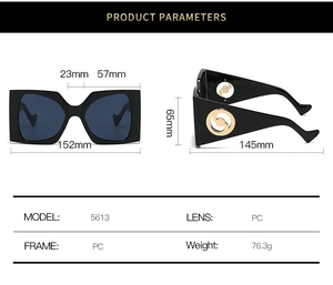 Detailed technical drawing of oversized square sunglasses with gold temple decor