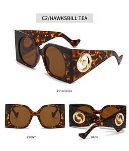 Detailed views of hawksbill tea square sunglasses featuring golden circular temple accents