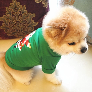 Detail of green Christmas pet sweatshirt with Santa Claus print on a small dog