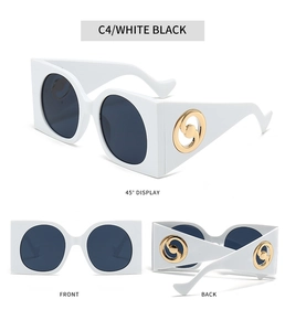 Detail shots of oversized white sunglasses with dark lenses and gold logo in three angles