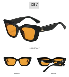 Vue en trois angles de lunettes de soleil œil-de-chat noires avec verres orange vifs