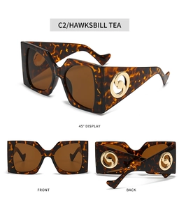 Three-angle view of oversized tortoiseshell sunglasses with gold circular metal temple detail