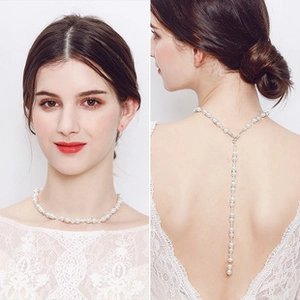 Elegant bridal pearl necklace set with stylish long back chain detail for open back dresses