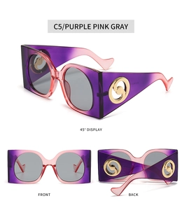 Detailed views of purple pink gradient square sunglasses with gold temple accents