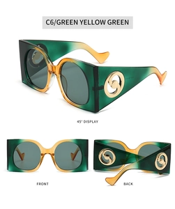 Detailed views of green yellow gradient square sunglasses with metallic side accents