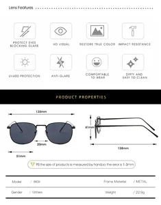 Detailed size specifications for metal square sunglasses including frame width and temple length