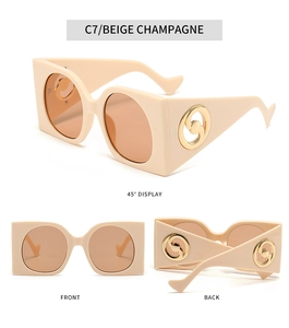 Three-view detail of beige champagne sunglasses with unique gold circular temple logos