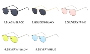 Detailed grid of five vintage square metal sunglasses in various lens colors