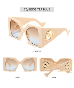 Detailed views of beige square sunglasses with tea-blue gradient lenses and gold accents