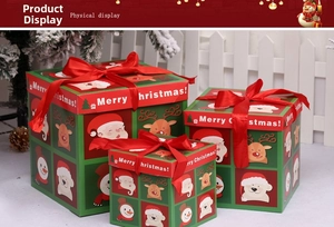 Three-piece Christmas gift box set with festive illustrations and red silk bows