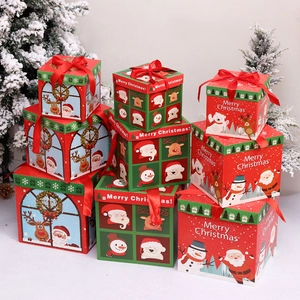 Christmas Gift Boxes Paper Decorative Square Packaging With Red Ribbon Bow Santa Claus Snowman For Holiday Party