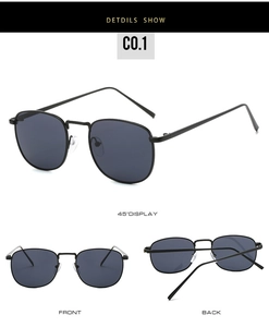 Detailed multi-angle view of black metal small square frame sunglasses with dark lenses