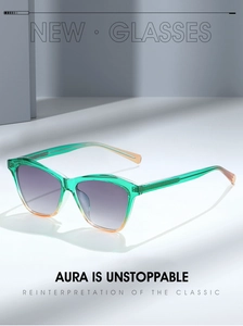 Detail view of translucent green acetate frame and gradient lenses on fashion sunglasses