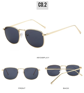 Detailed views showing the 45-degree angle, front and back of gold metal square sunglasses