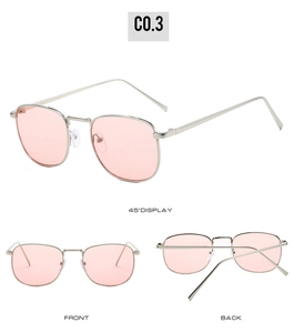 Multiple views of vintage small square metal sunglasses with transparent pink lenses