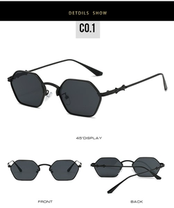 Detailed views of polygon metal sunglasses with black lenses and engraved temple accents